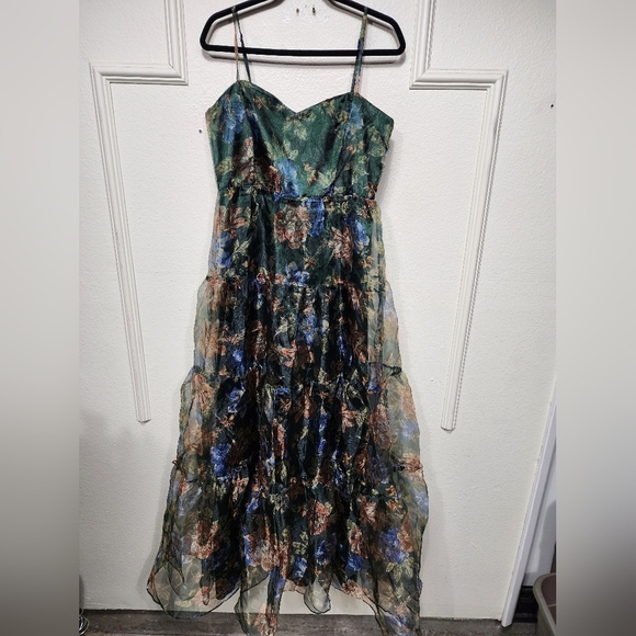 Lulus Exclusive Glamour Green Floral Organza Tiered Maxi Dress L Wedding Prom - Picture 7 of 10